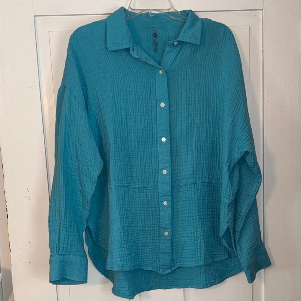 Lou & Grey Women’s Turquoise Button Down Shirt Large 100% Cotton